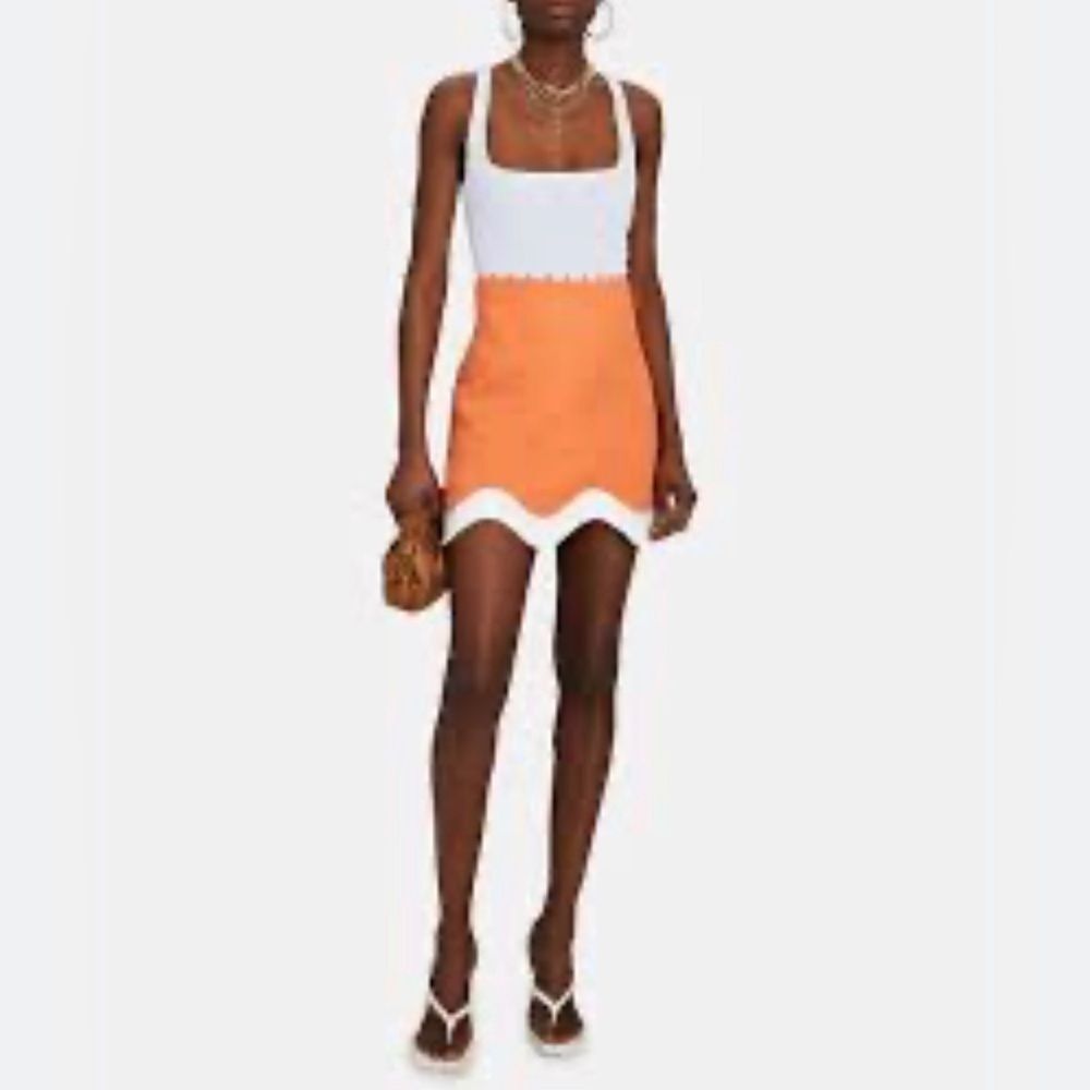 STAUD Arianna Orange White Scalloped Hem Mini Skirt Size 2